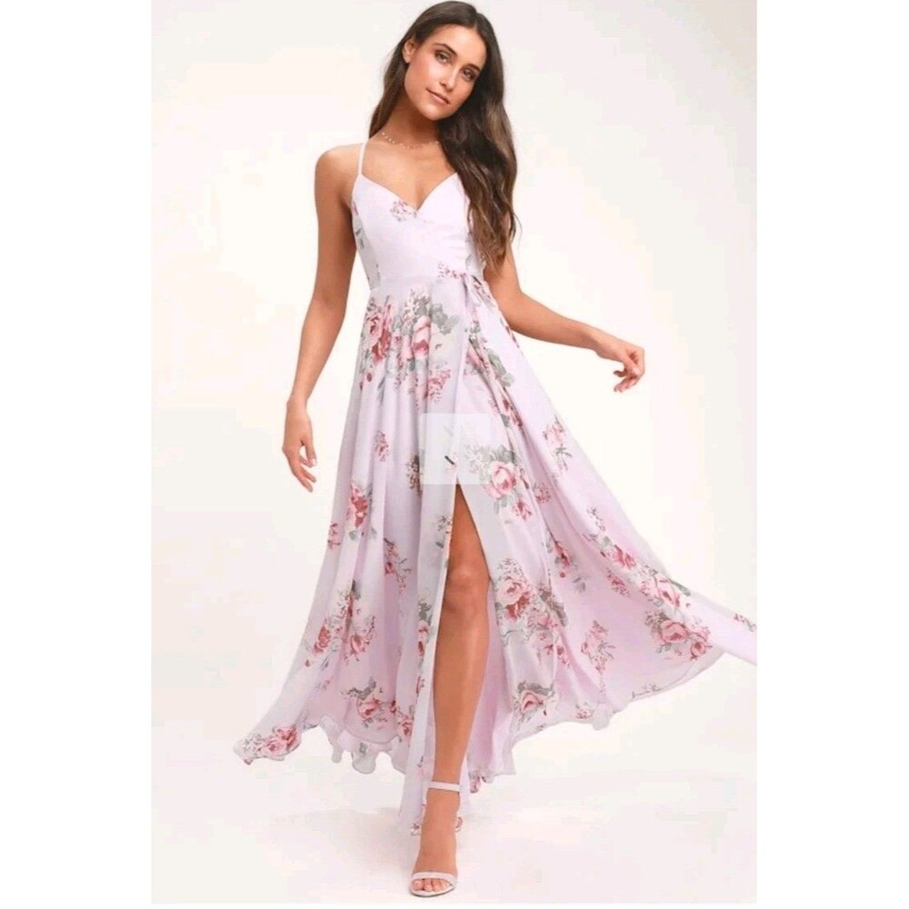 NWT Lulus Elegantly Inclined Lavender Floral Print Wrap Maxi Dress XL